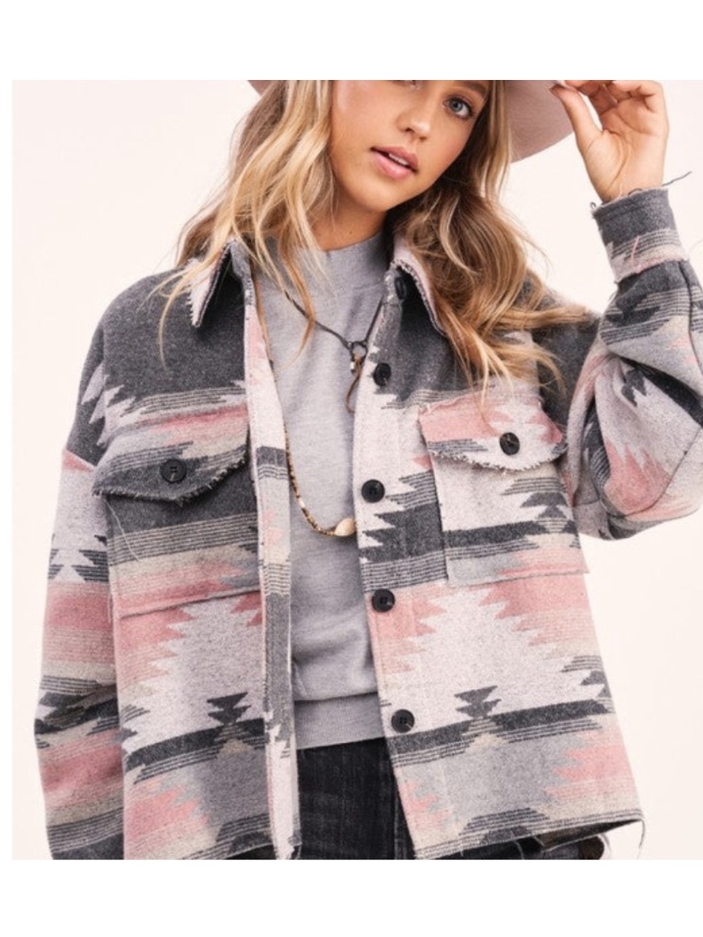 La Miel Eldora Aztec Shacket in L pink/gray multi western boho